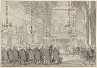 Mottagning av prins William V och Wilhelmina av Preussen i rådssalen i Amsterdams stadshus av Reinier Vinkeles (I)
