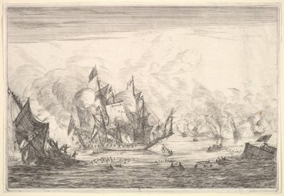 Sjöstrid med en engelsk skeppsgrundare till vänster, från Naval Battles Nieuwe Sc..., 1652-54. av Reinier Zeeman