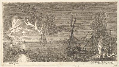 Nattscen med fiskare som står vid en eld, 1600-talet. av Reinier Zeeman