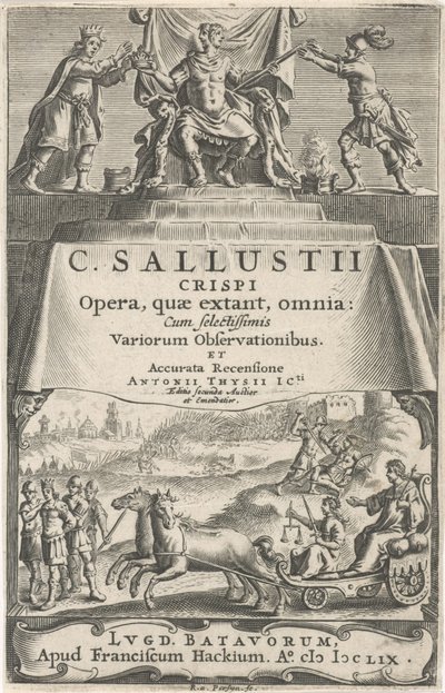 En kejsare och rättvisa på vagn Titelsida för: A. Thysius Jr., Opera, quæ extant, omnia, 1659 av Reinier van Persijn