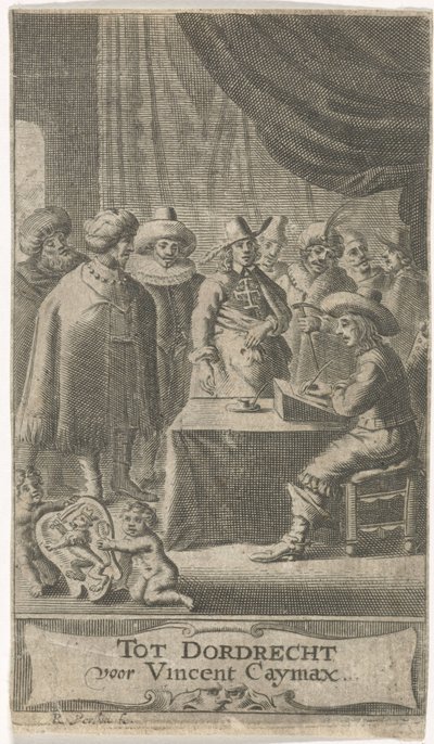 Köpman vid skrivbordet Titelsida för: J. van der Does e.a., Verscheyde voyagien, orte reysen, 1652 av Reinier van Persijn