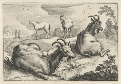 Landskap med två getter och två hästar Diversa Animalia Quadrupedia (serietitel) av Reinier van Persijn