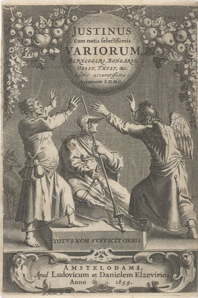 Minerva en twee geketende figurer Titelsida för: A. Thysius, Justinus cum notis selectissimis variorum Berneggerj, Bongarsy, Vossy, Thysy, &c, 1659 av Reinier van Persijn