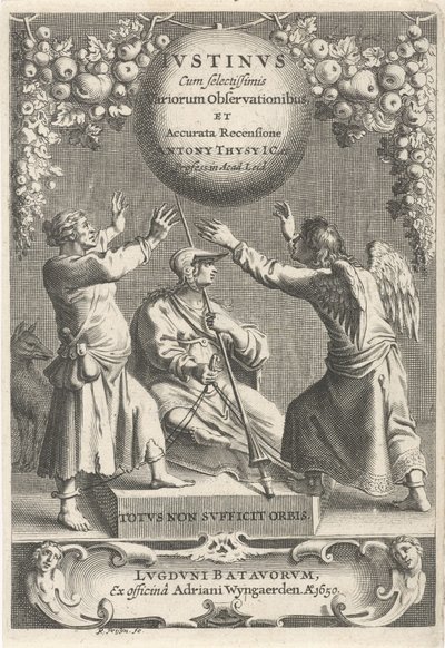 Minerva en twee geketende figurer Titelsida voor: A. Thysius, Justinus med de mest utvalda olika observationer och en detaljerad genomgång, 1650 av Reinier van Persijn