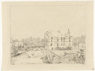 Sidovy av slottet Cannenburch med hus vid ingångsbron av Reinierus Albertus Ludovicus baron van Isendoorn à Blois