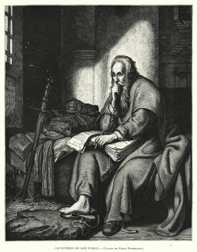 St Paul i fängelse (litho) av Rembrandt Harmensz. van Rijn (after)