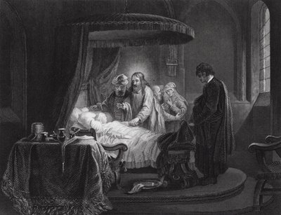 Uppväckandet av Jairus dotter, Markus, kapitel V, vers 35, 42 (gravyr) av Rembrandt Harmensz. van Rijn (after)