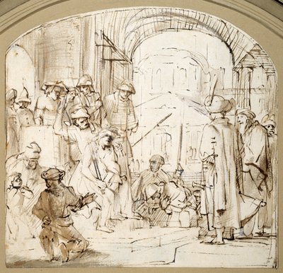 Christ Mocked (penna och bläck med tvätt på papper) av Rembrandt Harmensz. van Rijn (school of)