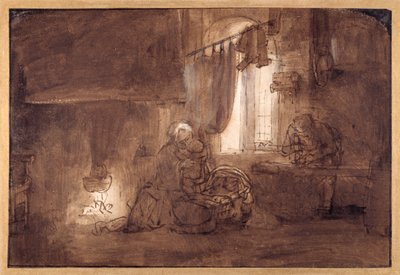Den heliga familjen i snickeriet (penna och bläck med tvätt på papper) av Rembrandt Harmensz. van Rijn (school of)