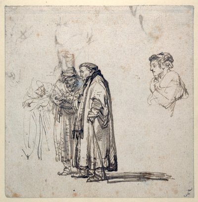 En grupp äldre forskare och, separat, en yngre mans profil (penna & brunt bläck med tvätt & gouache på papper) av Rembrandt Harmensz. van Rijn