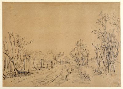 En huvudväg som leder till ett hus genom träd (två broar och port till dijk) (penna och bläck på brunt papper) av Rembrandt Harmensz. van Rijn