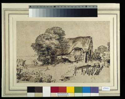 En stuga med halmtak vid ett stort träd, en figur som sitter utanför, ca 1648-52 (penna och bläck på papper) av Rembrandt Harmensz. van Rijn