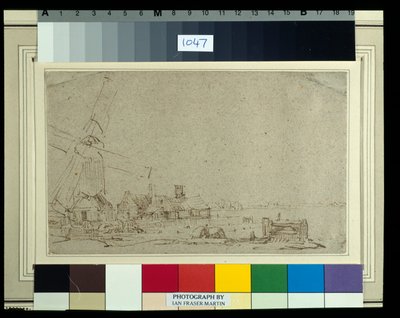 En väderkvarn och en grupp hus, ca 1652-53 (rörpenna & bläck med tvätt på papper) av Rembrandt Harmensz. van Rijn