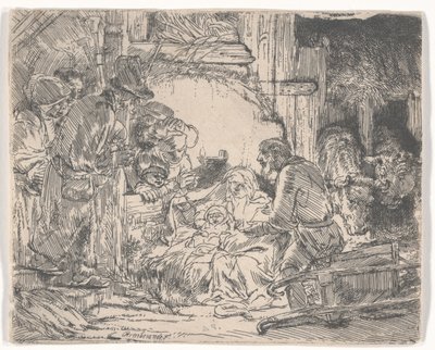 Tillbedjan av herdarna med en lampa, ca 1654 (etsning) av Rembrandt van Rijn