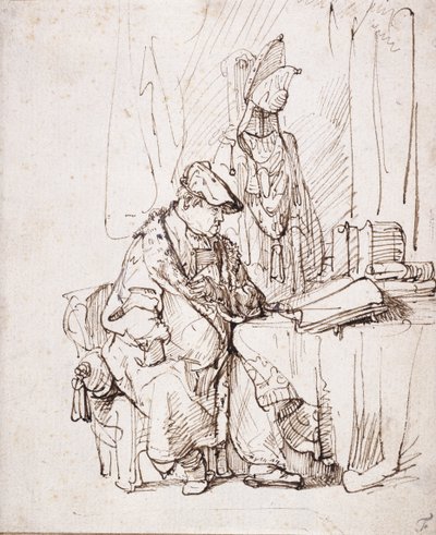 En skådespelare i sitt omklädningsrum (penna & brunt bläck på vitt papper) av Rembrandt Harmensz. van Rijn