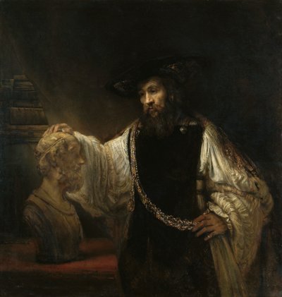 Aristoteles (384-322 f.Kr.) med en byst av Homeros av Rembrandt van Rijn