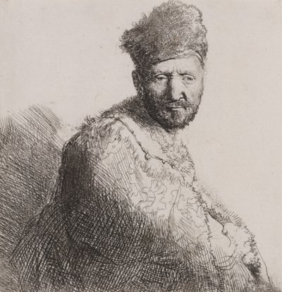 Skäggig man i pälsad orientalisk mössa och mantel av Rembrandt van Rijn