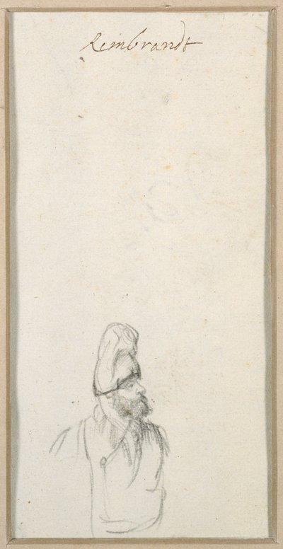 Skäggig man i profil, i hög keps, ca 1640 (svart krita på papper) av Rembrandt Harmensz. van Rijn