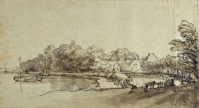 Bend in the Amstel nära Kostverloren House, tidigt 1650-tal (penna & bläck med tvätt & kroppsfärg på papper) av Rembrandt Harmensz. van Rijn