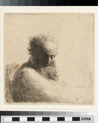 Byst av en gammal skäggig man, blickar neråt, trekvart höger av Rembrandt Harmensz. van Rijn