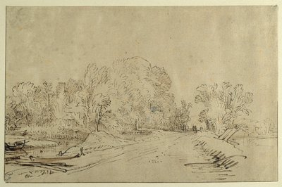 Kanal med båtar, en vallväg och träd (vasspenna & bläck med tvätt på papper) av Rembrandt Harmensz. van Rijn