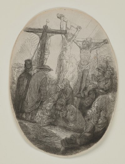 Kristus korsfäst mellan två tjuvar: en oval tallrik, ca 1641 (etsning och torrnål) av Rembrandt van Rijn