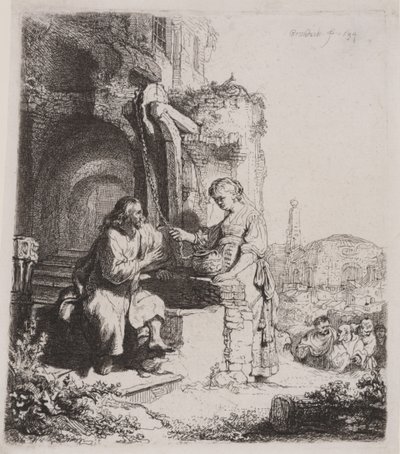 Kristus och Samariens kvinna: bland ruiner av Rembrandt van Rijn