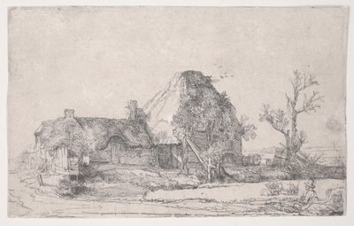 Stuga och gårdsbyggnader med en man som skissar, ca 1645 (etsning) av Rembrandt van Rijn