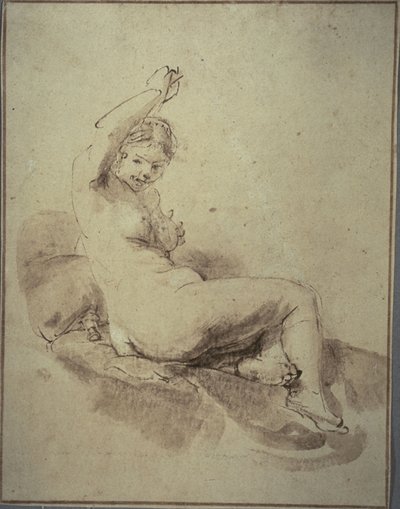 Naken, liggande kvinna med upphöjd arm, ca 1665 (penna och brunt bläck och pensel och brunt tvätt, på brunt papper) av Rembrandt Harmensz. van Rijn