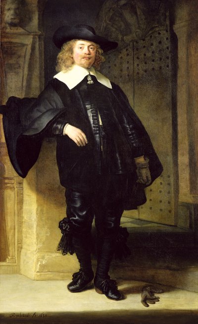 Hellängdsporträtt av en stående man av Rembrandt van Rijn