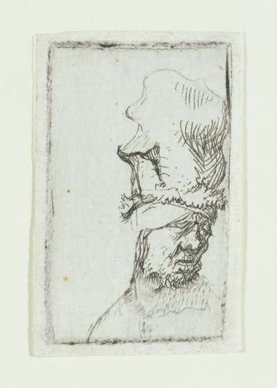 Huvudet på en man i hög keps (etsning) av Rembrandt van Rijn