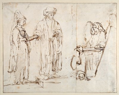 Laban för Lea till Jakob, med Jakob överdragen av ett fragment av en annan teckning; en ängel med en hund liggande vid hans fötter av Rembrandt Harmensz. van Rijn