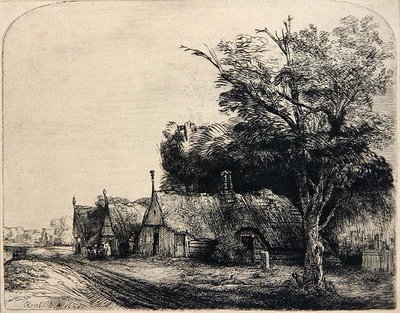 Landskap med tre kojor (etsning) av Rembrandt Harmensz. van Rijn