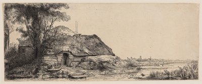 Landskap med en stuga och ett stort träd av Rembrandt Harmensz. van Rijn