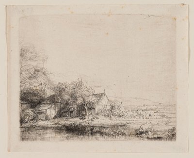 Landskap med en ko som dricker, ca 1650 (etsning och torrnål på elfenbenslagt papper) av Rembrandt Harmensz. van Rijn