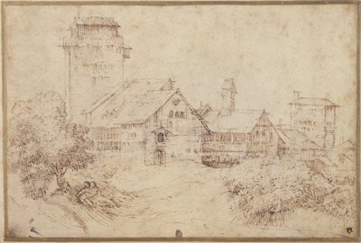 Landskap med byggnader och älskare, omfamnande, efter Tizian (penna & brunt bläck med röd krita på papper) av Rembrandt Harmensz. van Rijn
