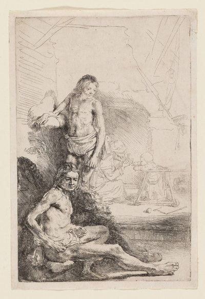 Man naken sittande och stående, ca 1646 (etsning på elfenbensbelagt papper) av Rembrandt Harmensz. van Rijn