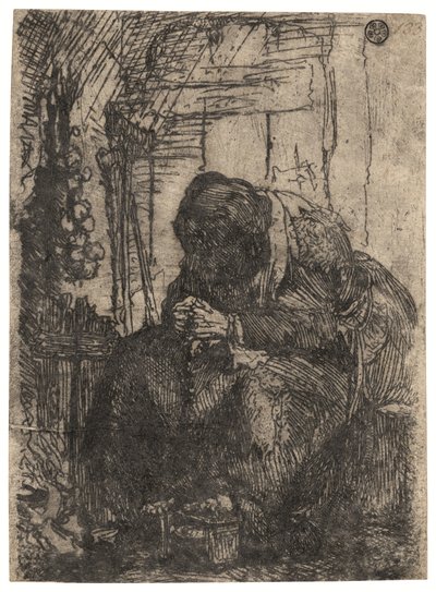 Gammal kvinna sittande i en stuga med ett lökband på väggen, ca 1629 (etsning) av Rembrandt Harmensz. van Rijn