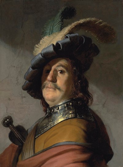 Porträtt av en man med en bröstsköld och en fjäderbasker - Målning av Rembrandt van Rijn (1606-1669) av Rembrandt Harmensz. van Rijn