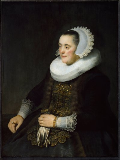 Porträtt av en holländsk borgerlig kvinna som bär en ruff och en huvudbonad. (Målning av Rembrandt van Rijn