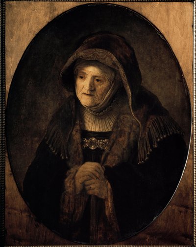Porträtt av konstnärens mamma lutad mot sin käpp (olja på duk av Rembrandt van Rijn