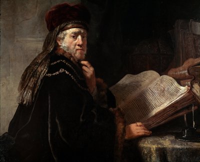 Porträtt av de vise (Porträttet av en rabbi) (olja på duk av Rembrandt van Rijn