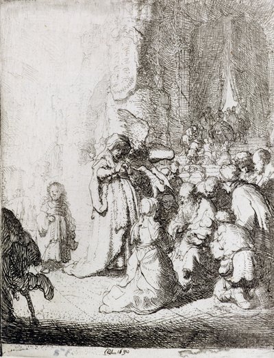 Presentation i templet (penna och bläck på papper) av Rembrandt van Rijn