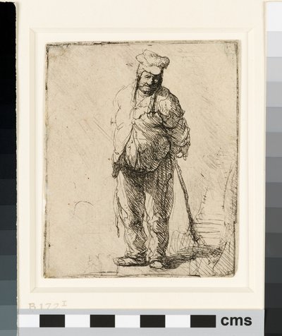 Trasig bonde med händerna bakom sig, håller en pinne, ca 1630 (etsning) av Rembrandt van Rijn
