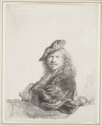 Rembrandt lutad på en stentröskel: Halv längd av Rembrandt van Rijn