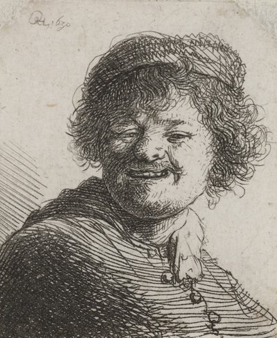 Rembrandt i mössa, skrattar: byst av Rembrandt van Rijn