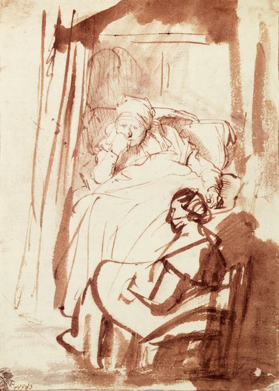Saskia ligger i sängen, en kvinna sitter vid hennes fötter av Rembrandt Harmensz. van Rijn