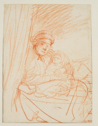 Saskia sitter uppe i sängen och håller ett barn, 1635 ca av Rembrandt van Rijn