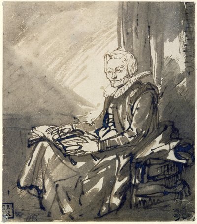 Sittande kvinna med en öppen bok i knät, ca 1639 (penna, brunt bläck och brun lavering) av Rembrandt Harmensz. van Rijn