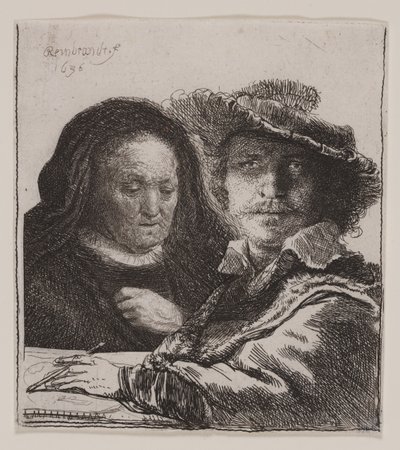 Självporträtt med konstnärens mamma av Rembrandt van Rijn
